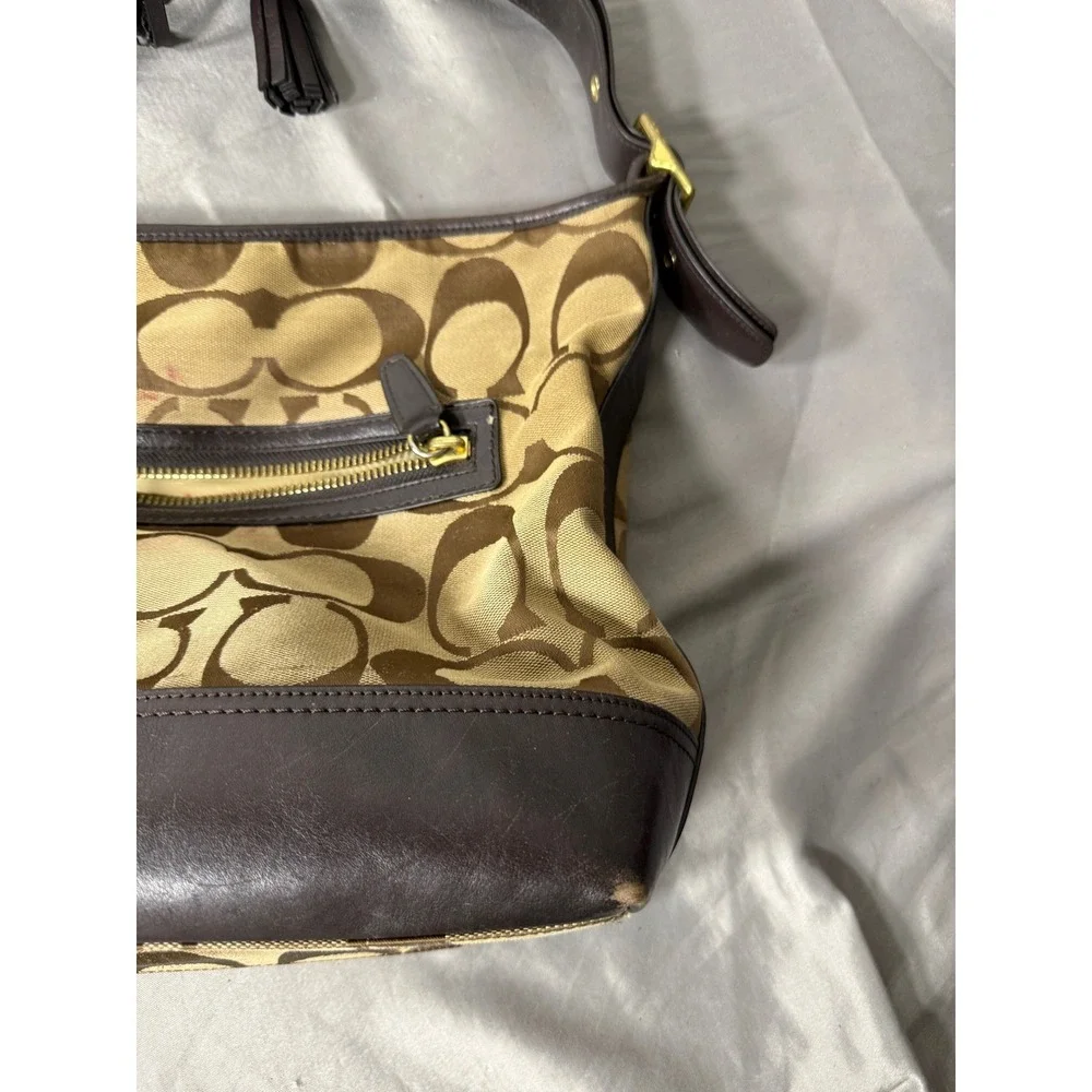 Coach Signature Jacquard Canvas Hobo Bag Brown Leather Trim Tassel Hobo Bag